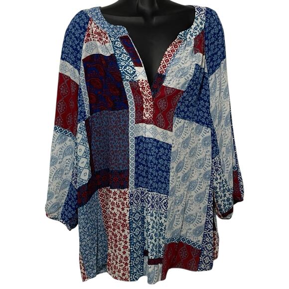 Zac & Rachel Womens Top Size Large Red White Blue Sheer Chiffon Floral Geometric - Picture 1 of 9